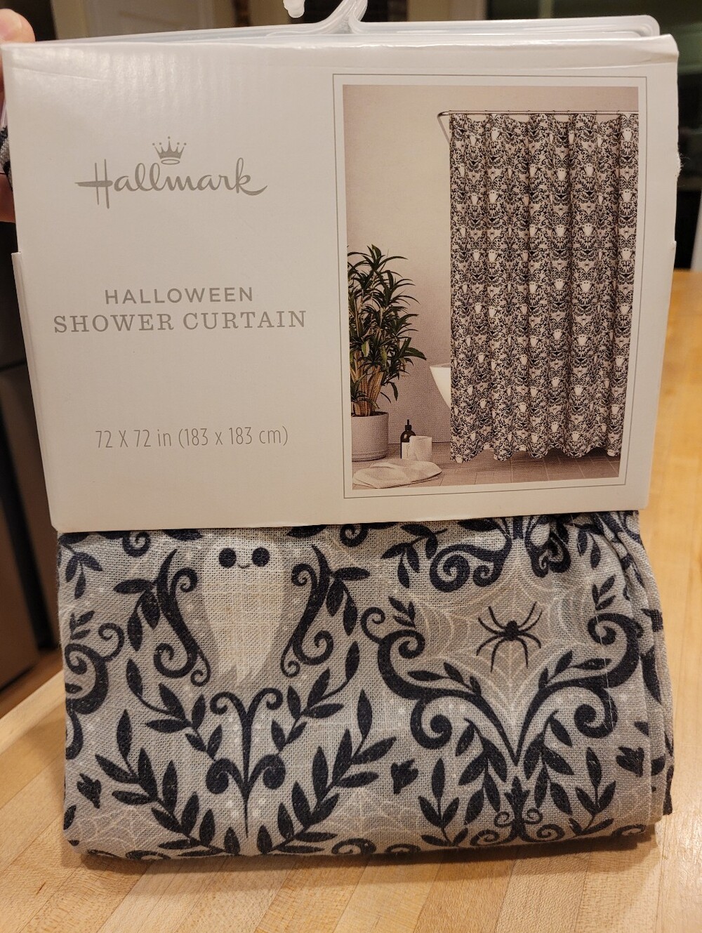 Hallmark Halloween Damask 72" X 72" Shower Curtain Black and Cream Discontinued